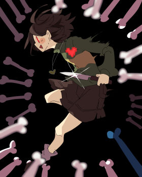 1other black_background bone brown_hair brown_shoes brown_shorts chara_(undertale) green_sweater heart heart_necklace highres jewelry necklace nikorashi-ka open_mouth other_focus red_eyes shoes short_hair shorts single_horizontal_stripe solo sweater undertale utdr_(toby_fox)