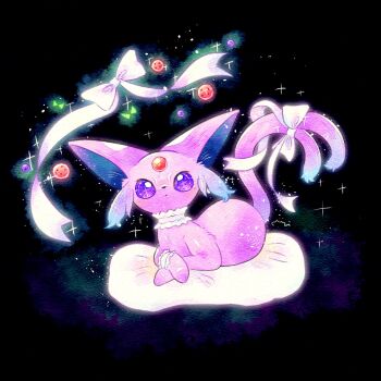 Rule 34 | animal focus, black background, bow, bright pupils, cat loaf, choker, closed mouth, commentary request, dot mouth, espeon, forehead jewel, forked tail, frilled choker, frills, full body, gem, gen 2 pokemon, highres, looking at viewer, lying, miketoevecan, nintendo, no humans, on stomach, pillow, pokemon, pokemon (creature), pokemon focus, purple eyes, purple fur, red gemstone, simple background, solo, sparkle, tail, white bow, white choker, white pupils