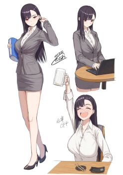 1girl adjusting_hair arm_up black_footwear black_hair blush breasts chair chopsticks closed_eyes closed_mouth collared_shirt computer dress_shirt formal_clothes full_body grey_skirt hair_behind_ear high_heels highres holding_binder jacket kamo_ashi laptop large_breasts long_hair miniskirt multiple_views office_lady open_mouth original parted_bangs pencil_skirt plate red_eyes shirt signature sitting skirt skirt_suit standing suit table typing unworn_jacket white_background white_shirt