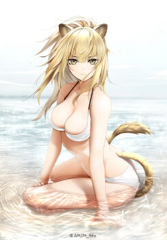 1girl animal_ears arknights bare_shoulders bikini breasts brown_hair cleavage collarbone commentary_request highres large_breasts lion_ears lion_girl lion_tail long_hair looking_at_viewer navel ocean outdoors ponytail seiza siege_(arknights) sitting solo sparkle sparkling_water swimsuit tail twitter_username water white_background white_bikini white_swimsuit yellow_eyes yokaze_(yokajie)