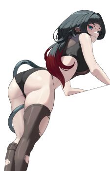 1girl absurdres animal_ears ass bare_arms bare_shoulders black_hair black_panties black_tank_top blue_eyes breasts ear_piercing highres jane_doe_(zenless_zone_zero) kimjih0628 large_breasts long_hair long_tail mouse_ears mouse_girl mouse_tail panties parted_lips piercing sharp_tail sideboob smile solo tail tail_around_own_leg tank_top teeth thighhighs torn_clothes torn_thighhighs underwear white_background zenless_zone_zero