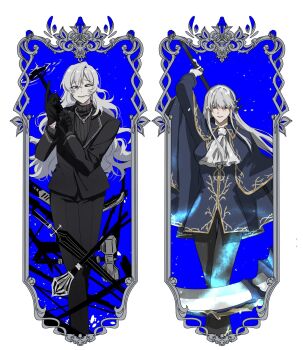 1boy 1girl angelica_(project_moon) angelica_(project_moon)_(cosplay) argalia_(project_moon) argalia_(project_moon)_(cosplay) arm_up ascot bad_id bad_twitter_id black_gloves black_jacket blue_eyes commentary_request cosplay feet_out_of_frame full_body gloves hammer highres holding holding_scythe jacket jewelry korean_commentary lapels library_of_ruina lobpoint_72 long_hair looking_at_viewer mace necklace parted_lips project_moon ring ring_necklace scythe smile sweater sword turtleneck turtleneck_sweater very_long_hair wavy_hair weapon white_ascot white_hair