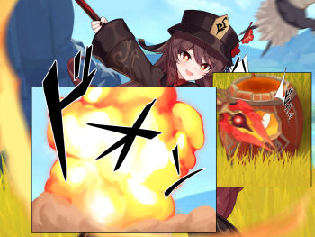 1girl black_hat black_nails blush breasts brown_hair brown_shirt explosion flower flower-shaped_pupils genshin_impact grass hair_flower hair_ornament hat highres hilichurl_(genshin_impact) holding holding_polearm holding_weapon hu_tao_(genshin_impact) jewelry kurotsubete long_hair looking_at_viewer medium_breasts open_mouth polearm pyro_slime_(genshin_impact) red_eyes ring shirt slime_(genshin_impact) speech_bubble staff_of_homa_(genshin_impact) symbol-shaped_pupils tall_grass twintails weapon