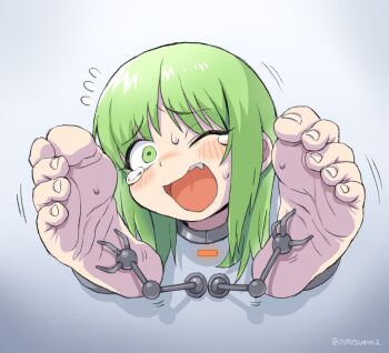 Rule 34 | 1girl, blush, commentary request, fang, feet, flying sweatdrops, foot focus, green eyes, green hair, highres, laughing, one eye closed, open mouth, original, oyatsu (mk2), restrained, soles, solo, stationary restraints, sweat, tearing up, through wall, tickle torture, tickling, tickling feet, toe scrunch, toes, twitter username