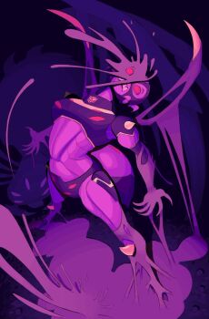 1girl autobot black_panties blackarachnia breasts colored_skin ebirdwatching fingernails highres humanoid_robot medium_breasts metal_skin panties purple_skin red_eyes robot sharp_fingernails slime_(substance) solo transformers transformers_animated underwear
