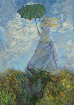 Rule 34 | absurdres, antlers, blonde hair, claude monet (style), deer girl, dress, field, full body, highres, holding, holding umbrella, horns, nitrovu, noelle holiday, painting (medium), reindeer antlers, reindeer girl, standing, traditional media, umbrella, utdr (toby fox)