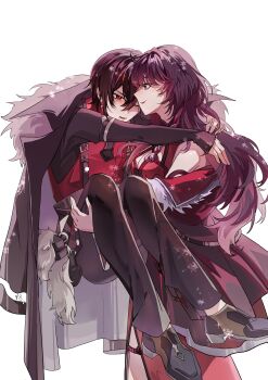 1boy 1girl absurdres arms_around_neck ayn_alwyn ayn_alwyn_(awakening) bare_shoulders belt_charm black_coat black_hair black_jacket black_pants black_shirt black_shoes braid breasts carrying charm_(object) china_dress chinese_clothes chinese_commentary cleavage closed_mouth coat coat_on_shoulders commentary_request cowboy_shot criss-cross_halter dress earrings eye_contact from_side full_body fur-trimmed_coat fur_trim grimace hair_between_eyes halterneck heroine_(lovebrush_chronicles) highres jacket jewelry long_sleeves looking_at_another lovebrush_chronicles male_focus off_shoulder official_alternate_costume one_eye_closed pants parted_lips princess_carry profile purple_eyes red_dress red_eyes red_lips red_vest reverse_princess_carry shirt shoes short_hair side_braid simple_background sleeveless sleeveless_dress sleeves_past_wrists smile snowflakes standing suspenders thigh_strap vest white_background zhuo_nian