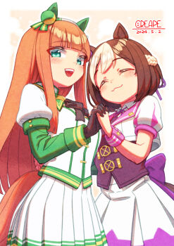 2girls animal_ears black_bow black_bowtie black_gloves blunt_bangs blush bow bowtie braid breasts brown_hair closed_eyes closed_mouth collared_shirt commentary_request creape ear_bow ear_covers ear_ribbon gloves green_eyes green_sleeves hairband half_up_braid highres hime_cut holding_hands horse_ears horse_girl horse_tail jacket long_hair long_sleeves multicolored_hair multiple_girls open_mouth orange_hair pleated_skirt purple_bow purple_ribbon purple_vest ribbon shirt short_hair short_sleeves silence_suzuka_(innocent_silence)_(umamusume) silence_suzuka_(umamusume) skirt smile special_week_(special_dreamer)_(umamusume) special_week_(umamusume) tail teeth two-tone_hair umamusume upper_teeth_only vest white_hair white_hairband white_shirt white_skirt