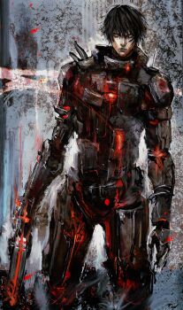 Rule 34 | 1boy, absurdres, black bodysuit, black hair, blame!, blue eyes, bodysuit, feet out of frame, full body, glowing, graviton beam emitter, gun, handgun, highres, holding, holding gun, holding weapon, killy, kyezzzz, looking at viewer, male focus, red light, scar, scar on face, science fiction, serious, short hair, solo, standing, weapon