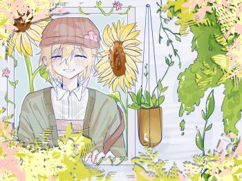 Rule 34 | 1boy, basil (birthday) (omori), basil (faraway) (omori), basil (omori), blonde hair, blush, brown hat, cardigan, closed eyes, collared shirt, commentary, danmuji 07, double-parted bangs, english commentary, green cardigan, hair between eyes, hat, highres, long sleeves, male focus, newsboy cap, official alternate costume, omori, open cardigan, open clothes, open mouth, shirt, short hair, sidelocks, smile, solo, white shirt