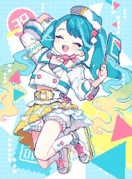 1girl 39 :d ^_^ ahiru_tokotoko blue_background blue_hair blush_stickers closed_eyes commentary flag full_body grid_background hat hatsune_miku highres holding holding_flag long_hair long_sleeves magical_mirai_(vocaloid) magical_mirai_miku magical_mirai_miku_(2024) open_mouth pixel_art pleated_skirt shirt shoes shorts skirt smile sneakers socks solo symbol-only_commentary twintails vocaloid white_hat white_shirt white_shoes white_shorts white_socks yellow_skirt