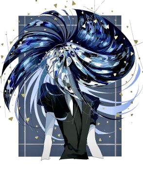 1other androgynous black_necktie blue_hair colored_eyelashes colored_skin crystal_hair gem_uniform_(houseki_no_kuni) glowing glowing_hair goan_pizya highres houseki_no_kuni lapis_lazuli_(gemstone) lapis_lazuli_(houseki_no_kuni) necktie other_focus shards white_skin