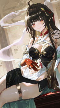 Rule 34 | 1girl, absurdres, ahoge, arm support, bare shoulders, black dress, blunt bangs, breasts, brown hair, chinese clothes, cleavage, closed mouth, colored extremities, commentary request, criss-cross halter, diamond-shaped pupils, diamond (shape), dress, dutch angle, groin, hair ornament, halterneck, highres, honkai: star rail, honkai (series), jewelry, large breasts, lingsha (honkai: star rail), long hair, looking at viewer, nanjo maya, navel, orange eyes, partial commentary, red hands, sitting, smile, solo, symbol-shaped pupils, thighlet, thighs, very long hair