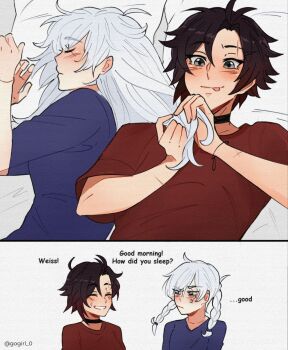 2girls anger_vein black_choker blue_shirt bracelet braid braiding_another's_hair choker closed_eyes closed_mouth commentary english_commentary english_text gogirl_0 grey_eyes grin hair_intakes highres jewelry long_hair multiple_girls on_bed pillow red_hair red_shirt ruby_rose rwby scar scar_across_eye scar_on_face shirt short_hair smile tongue tongue_out twin_braids weiss_schnee white_hair yuri