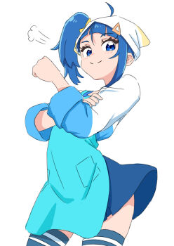 1girl absurdres apron blue_apron blue_eyes blue_hair blue_skirt blue_thighhighs commentary_request cowboy_shot hakuino_hakase hand_on_own_arm headscarf highres hirogaru_sky!_precure long_sleeves looking_at_viewer parody precure shirt side_ponytail skirt smile solo sora_harewataru thighhighs we_can_do_it! white_background white_shirt