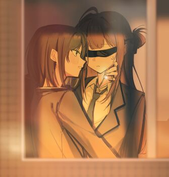 2girls ahoge blindfold blush commentary_request glint haidao_mao hair_intakes highres jewelry long_hair miyagi_shiori multiple_girls necklace necktie parted_lips school_uniform sendai_hazuki short_hair shuuniichido_classmate_wo_kau_hanashi sweatdrop yuri