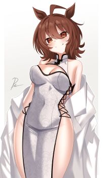 1girl absurdres agnes_tachyon_(umamusume) ahoge animal_ears bare_shoulders blush breasts brown_hair china_dress chinese_clothes cleavage closed_mouth coat coat_partially_removed commentary commission covered_navel dress hair_between_eyes highres horse_ears horse_girl lab_coat large_breasts looking_at_viewer medium_hair open_clothes open_coat red_eyes reiei_8 simple_background smile solo umamusume white_background white_coat white_dress