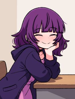 1girl ^_^ amelia_(pathways) black_collar blunt_bangs blush cheek_rest closed_eyes collar desk dress elbow_rest hand_on_own_cheek hand_on_own_face hood hooded_jacket indoors ink_(inksgirls) jacket jacket_over_dress jaggy_lines leaning_forward leaning_on_table medium_hair open_clothes open_jacket pathways_(game) pink_dress purple_hair purple_jacket school_desk sitting smile solo turning_head upper_body