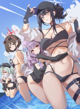 &gt;_&lt; 4girls absurdres adjusting_clothes adjusting_headwear alternate_costume alternate_hairstyle aqua_hair arius_squad_(blue_archive) atsuko_(blue_archive) bare_shoulders baseball_cap bikini black_bikini black_gloves black_hair black_headwear blue_archive blue_eyes blue_halo blue_nails blue_sky bow breasts brown_hair cleavage coat commentary_request eyewear_on_head fingerless_gloves fingernails from_behind gloves hair_ornament hair_over_one_eye halo halterneck hat highres hiyori_(blue_archive) hug korean_commentary large_breasts long_hair looking_at_viewer midriff misaki_(blue_archive) multiple_girls nail_polish netural no_mask off_shoulder open_mouth outdoors ponytail purple_hair red-framed_eyewear red_eyes red_halo saori_(blue_archive) short_hair sidelocks sky smile swimsuit v wading white_coat yuri