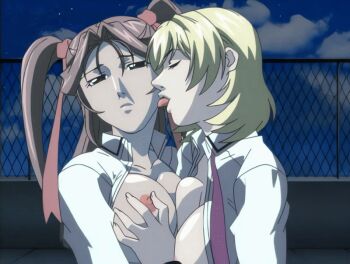 00s 2005 2girls american animated animated_gif bible_black bible_black_new_testament blonde_hair breasts brown_hair closed_eyes female_focus french_kiss grabbing_another&#039;s_breast groping hair_ribbon jody_crowley kiss licking multiple_girls night nipples open_clothes ribbon school_uniform shin_bible_black shiny_skin short_hair tagme tan tanline tongue tongue_out toudou_yuki twintails yuri
