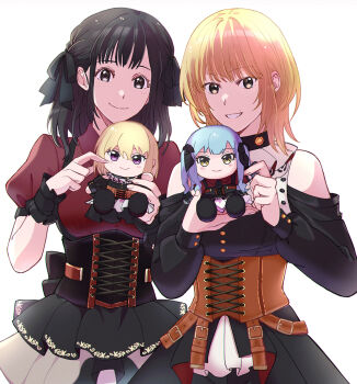 2girls bang_dream! bang_dream!_it's_mygo!!!!! black_corset black_dress black_hair black_ribbon black_skirt blonde_hair blue_hair brown_corset brown_hair character_doll closed_mouth clothing_cutout collared_shirt commentary corset doll doloris_(bang_dream!) dress hair_ribbon highres looking_at_viewer misumi_uika multiple_girls oblivionis_(bang_dream!) purple_eyes red_shirt rhapsode ribbon sasaki_rico_(voice_actor) shirt shoulder_cutout simple_background skirt smile takao_kanon togawa_sakiko two_side_up white_background