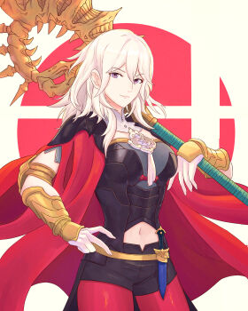 1girl absurdres alternate_color alternate_eye_color alternate_hair_color armor axe aymr_(fire_emblem) black_armor bodice breasts bustier cape closed_mouth clothing_cutout dagger female_byleth_(fire_emblem) fire_emblem fire_emblem:_three_houses hair_between_eyes highres holding holding_axe knife large_breasts long_hair looking_at_viewer midriff navel navel_cutout nintendo over_shoulder pantyhose pantyhose_under_shorts purple_eyes red_cape red_pantyhose sheath sheathed shorts smile solo super_smash_bros. truejekart vambraces weapon white_hair