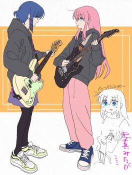 2girls bass_guitar blue_eyes blue_hair blue_skirt blush bocchi_the_rock! electric_guitar gotoh_hitori guitar guitar_strap highres holding holding_instrument hood hood_down hoodie instrument kazenota2 long_hair long_sleeves looking_at_another multiple_girls music pants pantyhose pink_hair playing_instrument profile shoes simple_background skirt sneakers yamada_ryo yellow_eyes