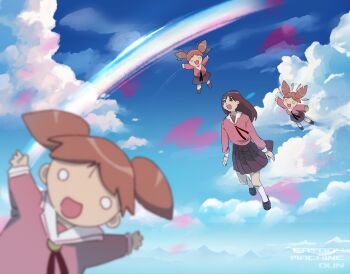 Rule 34 | 2girls, :d, above clouds, azumanga daioh's school uniform, azumanga daiou, blurry, blurry foreground, brown hair, catboymachine, clone, cloud, cloudy sky, flying, happy, highres, kasuga ayumu, looking at viewer, mihama chiyo, mountainous horizon, multiple girls, open mouth, orange hair, rainbow, school uniform, short twintails, sky, smile, twintails, winter uniform
