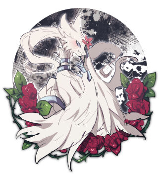 absurdres blue_eyes blush commentary_request creature creature_focus flower flower_on_head gen_5_pokemon highres koyashaka legendary_pokemon nintendo pokemon pokemon_(creature) pokemon_focus reshiram rose thorns white_background white_fur