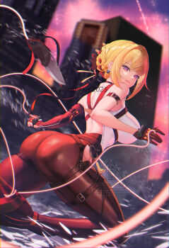 1girl absurdres arm_strap ass back black_gloves black_pants black_ribbon blonde_hair blurry blurry_background breasts building chest_harness closed_mouth commentary_request earrings elbow_gloves english_text evelyn_chevalier feet_out_of_frame from_side gloves hair_intakes half_gloves harness high-waist_pants highres jewelry knife large_breasts latex_pants leg_up long_ribbon looking_at_viewer motion_blur outdoors pants partially_fingerless_gloves purple_eyes purple_sky ribbon ring_hair_ornament shirt single_elbow_glove single_half_glove sky sleeveless sleeveless_shirt solo thighs thread tight_clothes tight_pants twitter_username uneven_bangs user_srxz3837 watermark white_shirt zenless_zone_zero