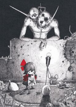 1girl ballpoint_pen_(medium) battery bow capelet chibi creature crosshatching dot_nose drawing_(object) extra_eyes greyscale hair_bow hatching_(texture) highres hino_(yatara) holding holding_drawing horror_(theme) light_bulb monochrome original pen_(medium) red_bow red_capelet rug sack shadow solid_circle_eyes spot_color staff teeth traditional_media yatara