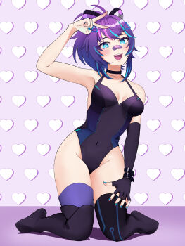 1girl absurdres aqua_eyes aqua_hair aqua_nails arm_up bandaid bandaid_on_face bandaid_on_nose black_choker blush breasts choker commentary covered_navel elbow_gloves eyelashes fingerless_gloves fingernails full_body gloves hair_ornament heart heart_background highres kneeling leotard melody_(projektmelody) melody_(projektmelody)_(2nd_costume) multicolored_hair nail_polish oda_yakka open_mouth pink_hair ponytail purple_gloves purple_hair purple_leotard purple_thighhighs sidelocks single_elbow_glove single_fingerless_glove smile solo streaked_hair teeth thighhighs upper_teeth_only v virtual_youtuber vshojo