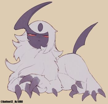 :< absol animal_focus artist_name bright_pupils claws closed_mouth flat_color fluffy gen_3_pokemon jitome looking_at_viewer lying mamebato nintendo no_humans on_side own_hands_together pokemon pokemon_(creature) red_eyes sidelocks simple_background solo twitter_username unamused watermark white_hair white_pupils yellow_background