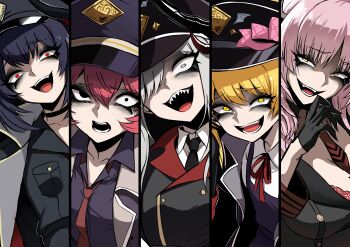 Rule 34 | 5girls, absurdres, black horns, blonde hair, blue archive, breasts, chiaki (blue archive), curved horns, demon girl, demon horns, gehenna academy logo, grey hair, hair over one eye, halo, hat, highres, holding, horns, ibuki (blue archive), iroha (blue archive), long hair, makoto (blue archive), multiple girls, multiple horns, nagai negi, open mouth, pandemonium society (blue archive), peaked cap, pointy ears, prefect team (blue archive), red hair, satsuki (blue archive), smile, yellow halo