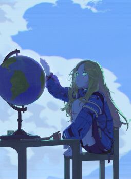 1girl absurdres android aqua_eyes arm_up barefoot blonde_hair blue_coat chair coat commentary crayon diana_(pragmata) drawstring full_body globe highres knees_up long_hair long_sleeves looking_at_object on_chair padded_coat parted_lips pragmata puffy_long_sleeves puffy_sleeves screen solo table wooden_chair wooden_table yanan_(user_scxk8427)