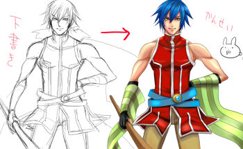 1boy belt black_gloves blue_belt blue_hair chirao_(tirao777) closed_mouth commentary_request cowboy_shot detached_sleeves fingerless_gloves gloves green_eyes green_sleeves hair_between_eyes looking_at_viewer male_focus professor_(ragnarok_online) ragnarok_online red_shirt shirt short_hair simple_background sketch sleeveless sleeveless_shirt smile striped_sleeves white_background