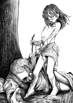 1boy 1girl armor barefoot commentary_request corpse disorder! flat_chest gouged_eye greyscale guro highres knife long_hair monochrome nipples original standing toes topless_female