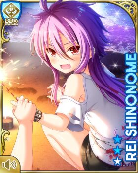 2girls angry armband beach belt bored campfire card_(medium) character_name english_text firework fireworks foot_print forest girlfriend_(kari) log multiple_girls nature night ocean official_art open_mouth outdoors purple_hair qp:flapper red_eyes sand shinonome_rei shirt shorts sitting skull_and_crossbones sparkler tagme v-shaped_eyebrows white_shirt