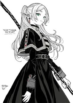 1girl belt black_belt black_capelet capelet commentary earrings elf english_commentary frieren green_eyes greyscale highres holding holding_staff inktober jewelry long_hair long_sleeves monochrome parted_bangs pointy_ears shelovesbali solo sousou_no_frieren spot_color staff standing twintails white_hair