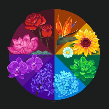 blue_flower color_wheel_challenge colorful commentary daisy_(flower) english_commentary flower flower_focus highres kathychowww multiple_drawing_challenge no_humans orange_flower orchid original pink_flower pixel_art purple_flower red_flower red_rose rose simple_background sunflower yellow_flower