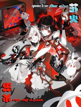 2girls animal_ears bare_shoulders bell black_gloves black_hat brown_hair butterfly-shaped_pupils closed_mouth colored_eyebrows colored_skin commentary diamond_(shape) english_commentary fox_mask glitch gloves hair_between_eyes hashtag-only_commentary hat heart highres holding holding_mask honkai:_star_rail honkai_(series) long_hair looking_at_another mask mixed-language_text multiple_girls rabbit_ears red_eyes red_nails riryachi single_glove sleeveless sparkle_(honkai:_star_rail) sparks sparxie_(honkai:_star_rail) static symbol-shaped_pupils teeth television top_hat twintails very_long_hair white_hair white_skin