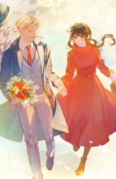 1boy 1girl absurdres black_hair blonde_hair blush breasts commentary couple earrings gold_earrings hairband hetero highres husband_and_wife ideksams jewelry large_breasts long_hair long_sleeves open_mouth red_eyes shirt short_hair sidelocks smile spy_x_family symbol-only_commentary teeth twilight_(spy_x_family) yor_briar