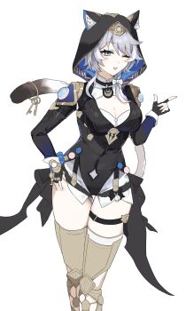 1girl absurdres animal_ears blue_eyes breasts cat_ears cat_girl cat_tail cipher_(honkai:_star_rail) cleavage fingerless_gloves gloves grey_hair highres honkai:_star_rail honkai_(series) hood hoodie large_breasts mole one_eye_closed short_hair solo tail tailcoat umiinu_(umi_inu11)