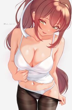1girl absurdres alt_text black_pantyhose blush bow breasts brown_hair camisole cleavage clothes_pull commentary doki_doki_literature_club green_eyes hair_between_eyes highres kun_kaiss large_breasts long_hair looking_at_viewer monika_(doki_doki_literature_club) navel open_mouth panties pantyhose pantyhose_pull ponytail pulling_own_clothes simple_background smile solo sweat teasing top_pull twitter_username underwear undressing white_background white_bow white_camisole white_panties