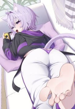 1girl :d absurdres ahoge ai_(u_e_o_o) animal_ear_fluff animal_ears ass barefoot black_collar black_hoodie breasts cat_ears cat_girl cat_tail clothing_cutout collar commentary_request couch cropped_hoodie crossed_bangs double-parted_bangs fang feet_up from_behind hair_between_eyes hair_intakes handheld_game_console highres holding holding_handheld_game_console hololive hood hoodie indoors long_sleeves looking_at_viewer looking_back lying nekomata_okayu nekomata_okayu_(1st_costume) on_couch on_stomach open_mouth pants purple_eyes purple_hair short_hair sleeves_past_wrists smile soles solo sweatpants tail tail_through_clothes underboob virtual_youtuber white_pants