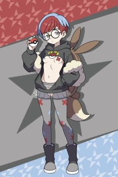 1girl adapted_costume black_boots black_hoodie blue_hair boots breasts character_doll closed_mouth clothing_cutout cross cross_pasties crotch_cutout doll eevee female_focus full_body gen_1_pokemon glasses grey_pantyhose highres holding holding_poke_ball hood hoodie hoshi_wo_miru looking_at_viewer navel nintendo no_panties open_clothes open_hoodie pale_skin pantyhose pasties penny_(pokemon) poke_ball poke_ball_(basic) pokemon pokemon_sv pussy pussy_peek red_hair revealing_clothes round_eyewear see-through_clothes see-through_skirt short_hair skirt small_breasts solo standing third-party_edit uncensored