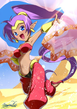 Rule 34 | 1girl, arabian clothes, bandeau, blue eyes, blue sky, bracer, breasts, choker, dark-skinned female, dark skin, day, desert, earrings, female focus, harem pants, hoop earrings, jewelry, long hair, lots of jewelry, medium breasts, midriff, moriyu kiryou, navel, open mouth, pants, pointy ears, ponytail, purple hair, see-through clothes, shantae, shantae: half-genie hero, shantae (series), shawl, signature, sky, smile, solo, tiara, very long hair, wayforward