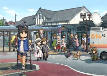 6+boys 6+girls akaname_(neko_musume_michikusa_nikki) animal_ears bird black_hair blonde_hair brown_hair cat_ears cat_tail cover cover_page dress everyone formal_clothes highres holding_another's_arm house ike_(altitude_attitude) interview jacket jorogumo_(neko_musume_michikusa_nikki) kappa kappa_(neko_musume_michikusa_nikki) koma_(neko_musume_michikusa_nikki) komainu kurona_(neko_musume_michikusa_nikki) kutchii mask morinji_rin motor_vehicle multiple_boys multiple_girls neko_musume_michikusa_nikki noh_mask official_art pavement raccoon_ears raccoon_tail real_world_location reporter road satellite_dish shishimaru_(neko_musume_michikusa_nikki) short_hair shorts street suit tail tengu_(neko_musume_michikusa_nikki) train_station truck tv_camera white_hair
