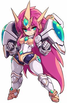 1girl blue_eyes breasts clenched_hands closed_mouth fang fang_out full_body hair_between_eyes headpiece karukan_(monjya) long_hair looking_at_viewer mecha_musume medium_breasts purple_hair simple_background smile solo standing super_robot_wars super_robot_wars_the_lord_of_elemental valsione_r very_long_hair white_background