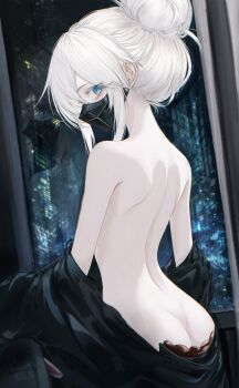 1girl absurdres albino artist_name ass back bare_back bare_shoulders black_mask blue_eyes butt_crack colored_skin commentary commentary_request deux_murasame english_text from_behind gundam gundam_gquuuuuux hair_bun highres looking_at_viewer mask median_furrow mixed-language_text mouth_mask nape pale_skin reflection renoahh sideways_glance single_hair_bun solo twitter_username undressing watermark white_hair white_skin